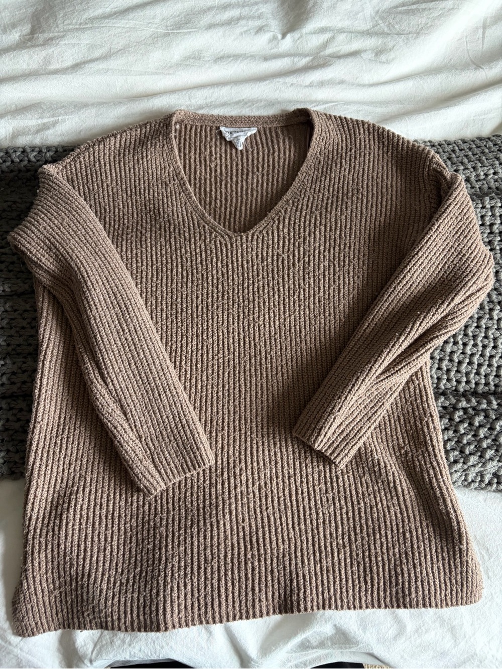 For The Republic Ribbed V-Neck Sweater in Taupe Brown